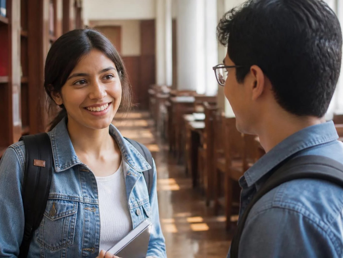 Pasillo de la universidad, con dos estudiantes conversando
